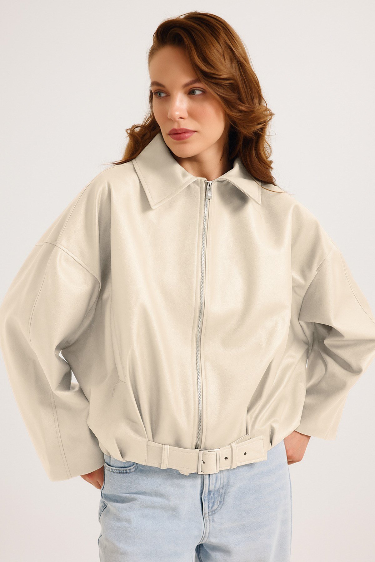 Yeni Sezon Suni Oversize Bomber Deri Ceket