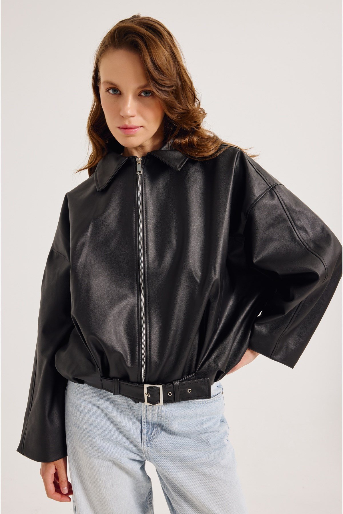 Yeni Sezon Suni Oversize Bomber Deri Ceket