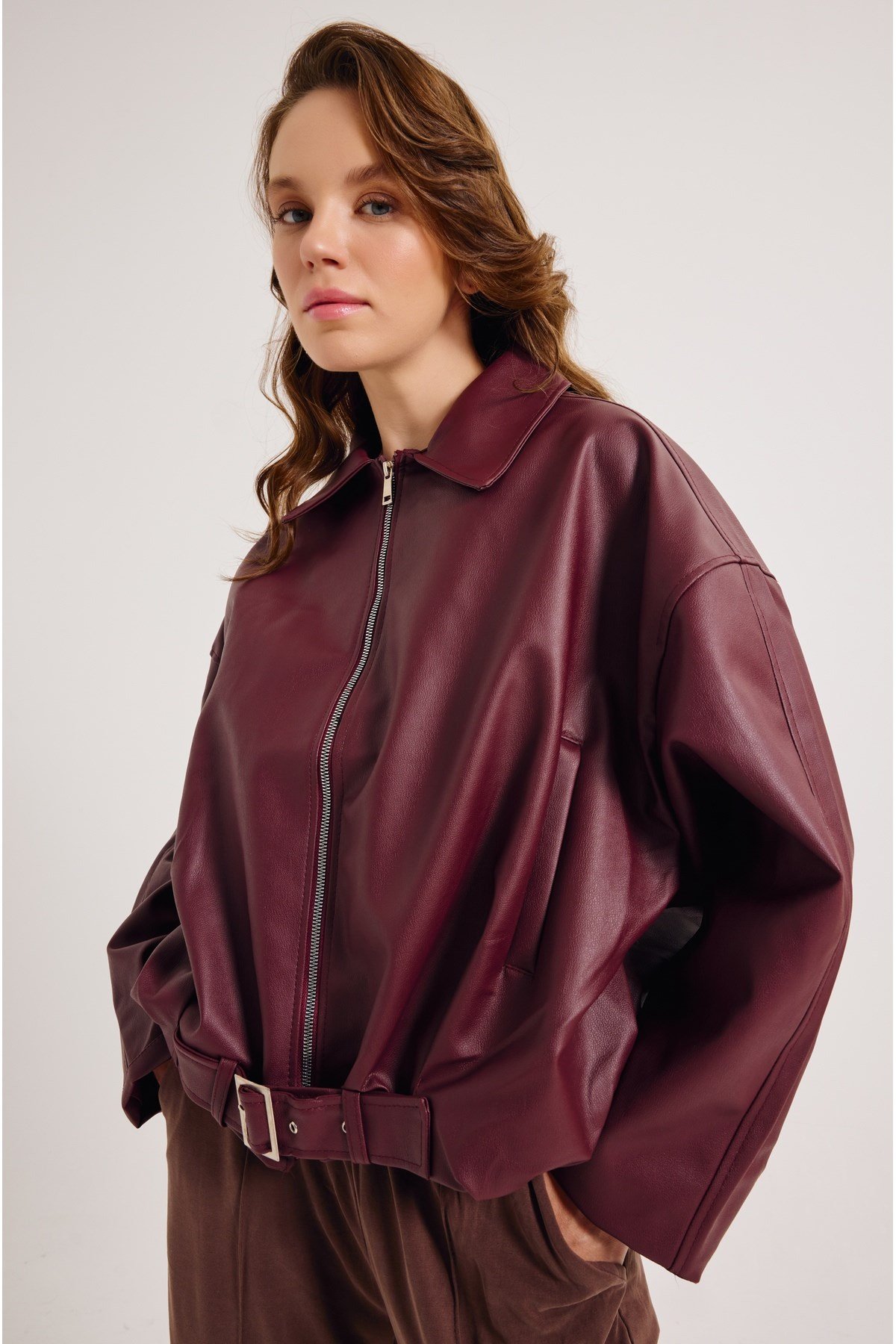 Yeni Sezon Suni Oversize Bomber Deri Ceket