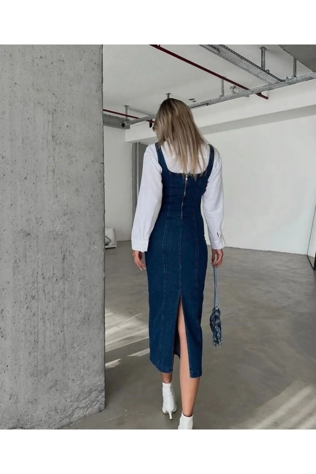 Yırtmaçlı Sırt Fermuarlı Denim Elbise Kot Elbise Likralı Tam Kalıp
