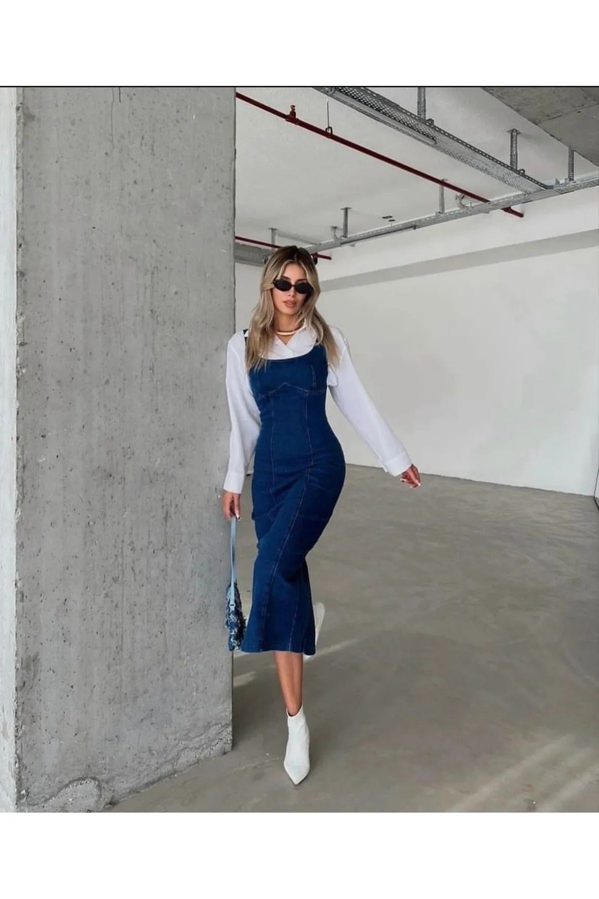 Yırtmaçlı Sırt Fermuarlı Denim Elbise Kot Elbise Likralı Tam Kalıp