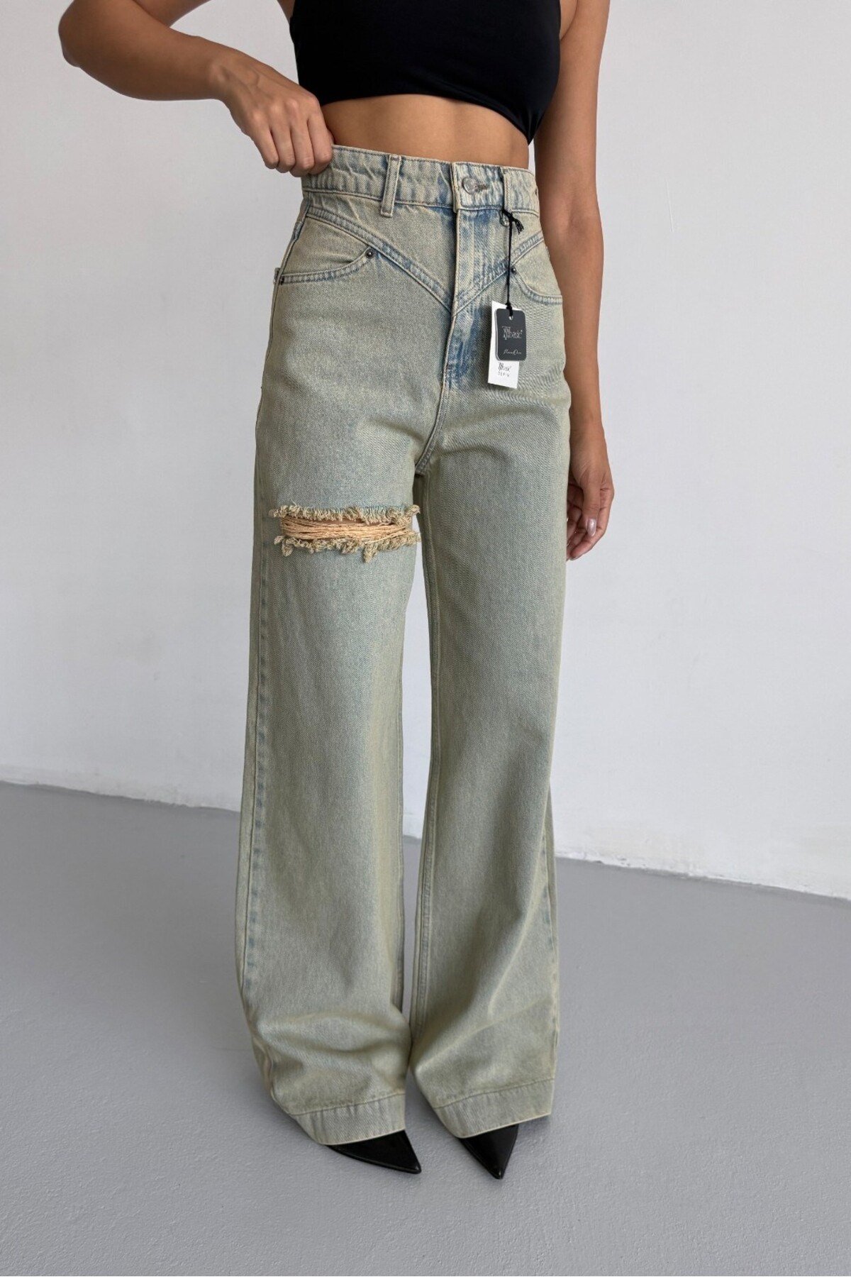 Yüksek Bel Asimetrik Kemerli Wide Leg Jean Pantolon