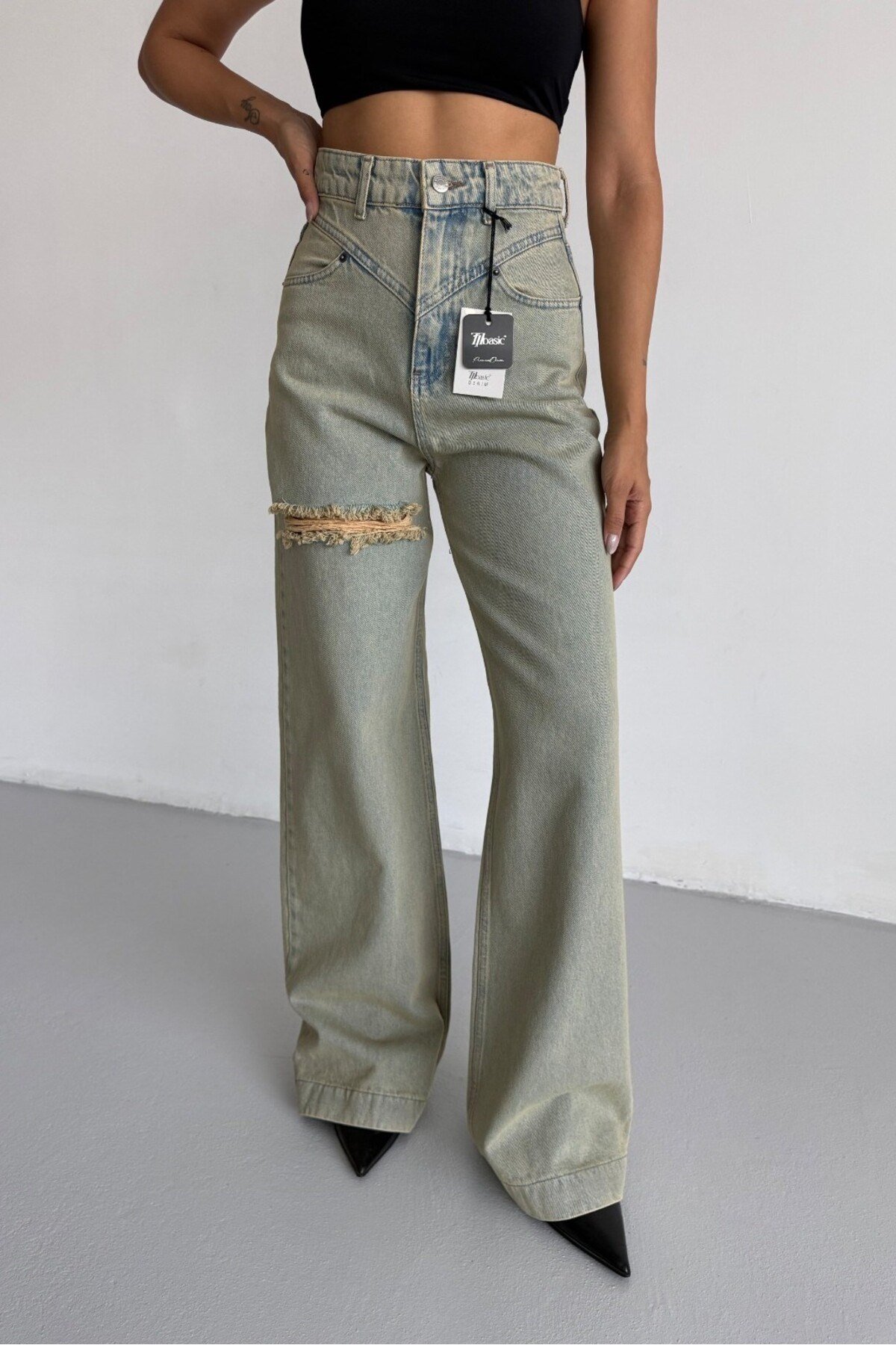 Yüksek Bel Asimetrik Kemerli Wide Leg Jean Pantolon