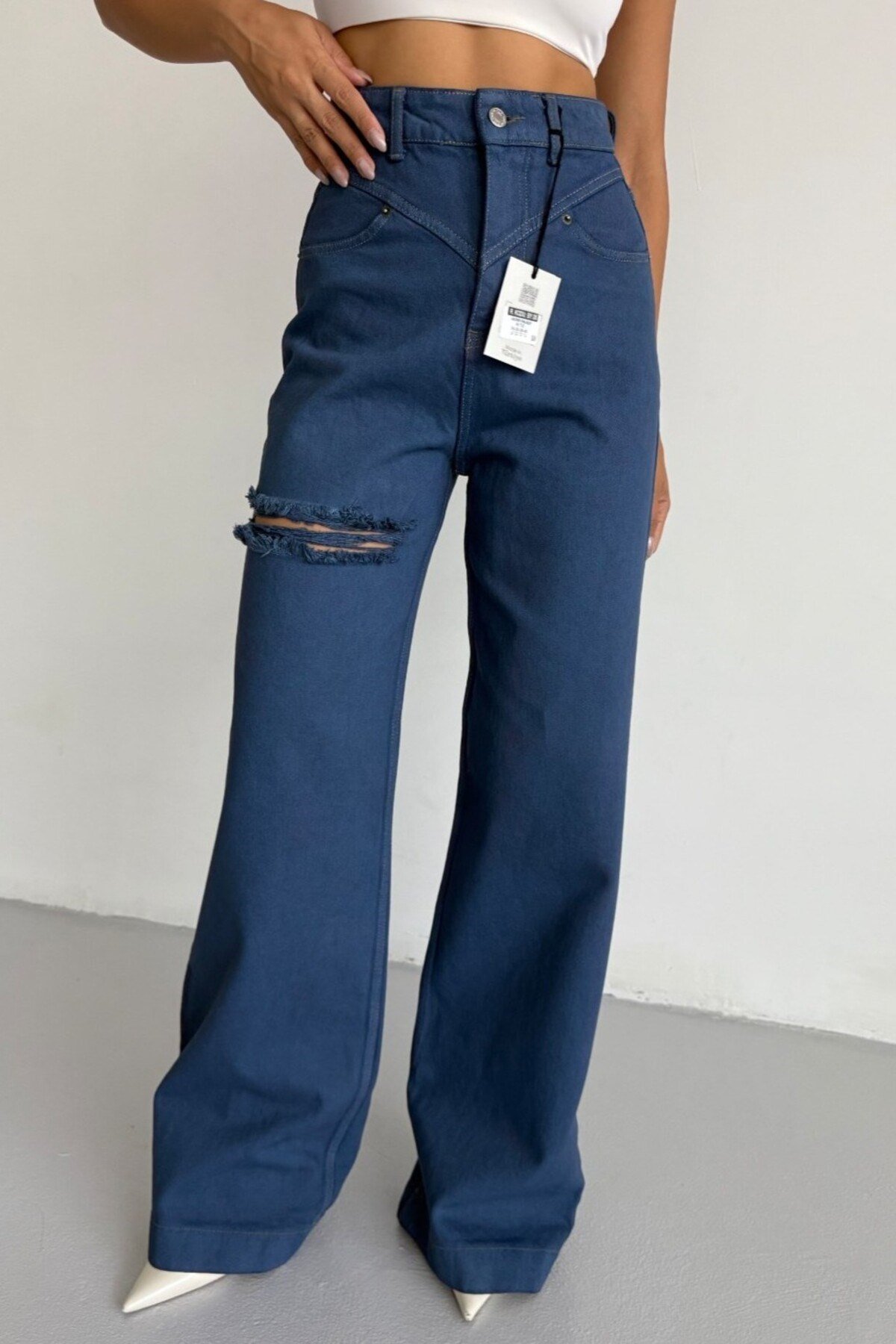 Yüksek Bel Asimetrik Kemerli Wide Leg Jean Pantolon