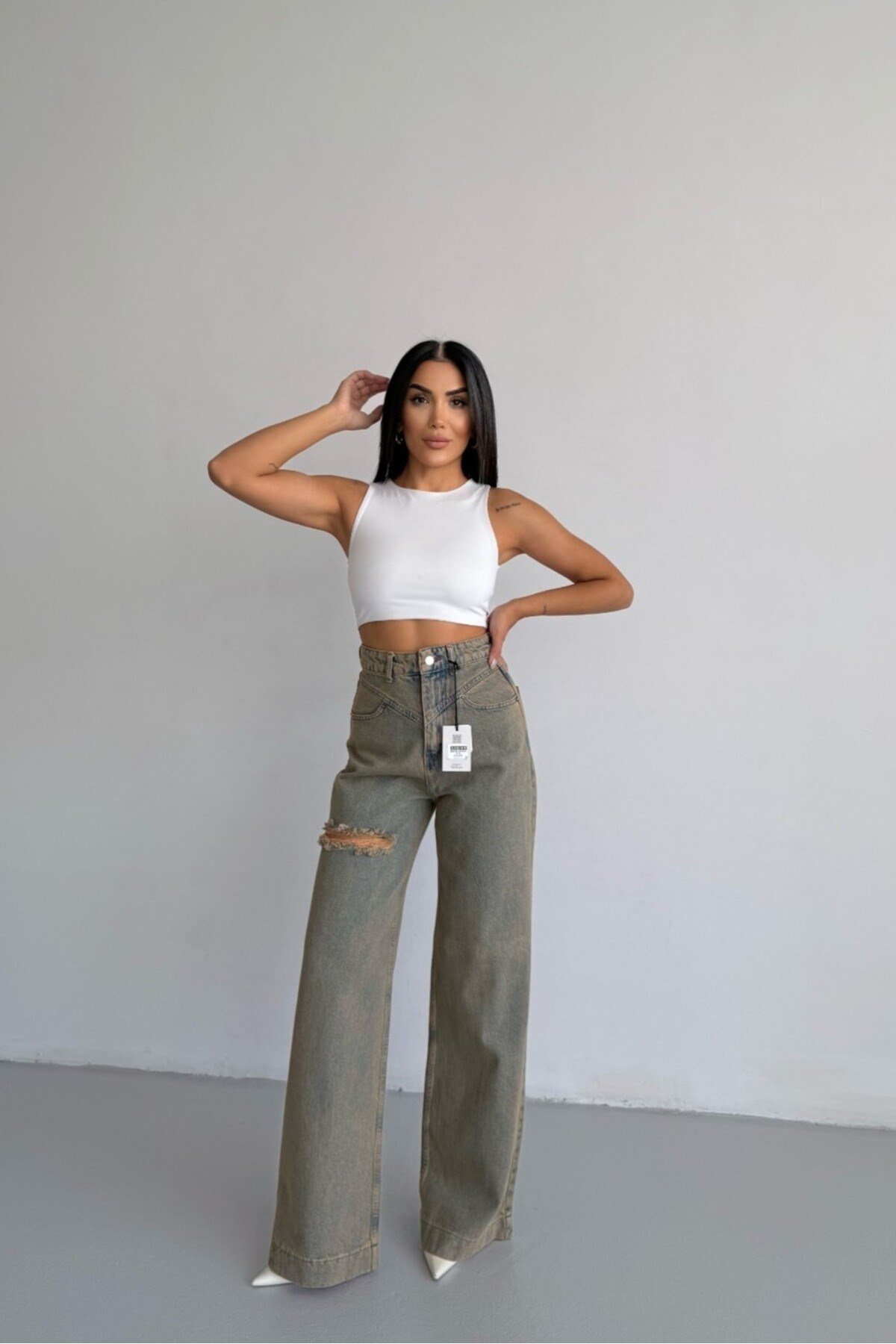Yüksek Bel Asimetrik Kemerli Wide Leg Jean Pantolon
