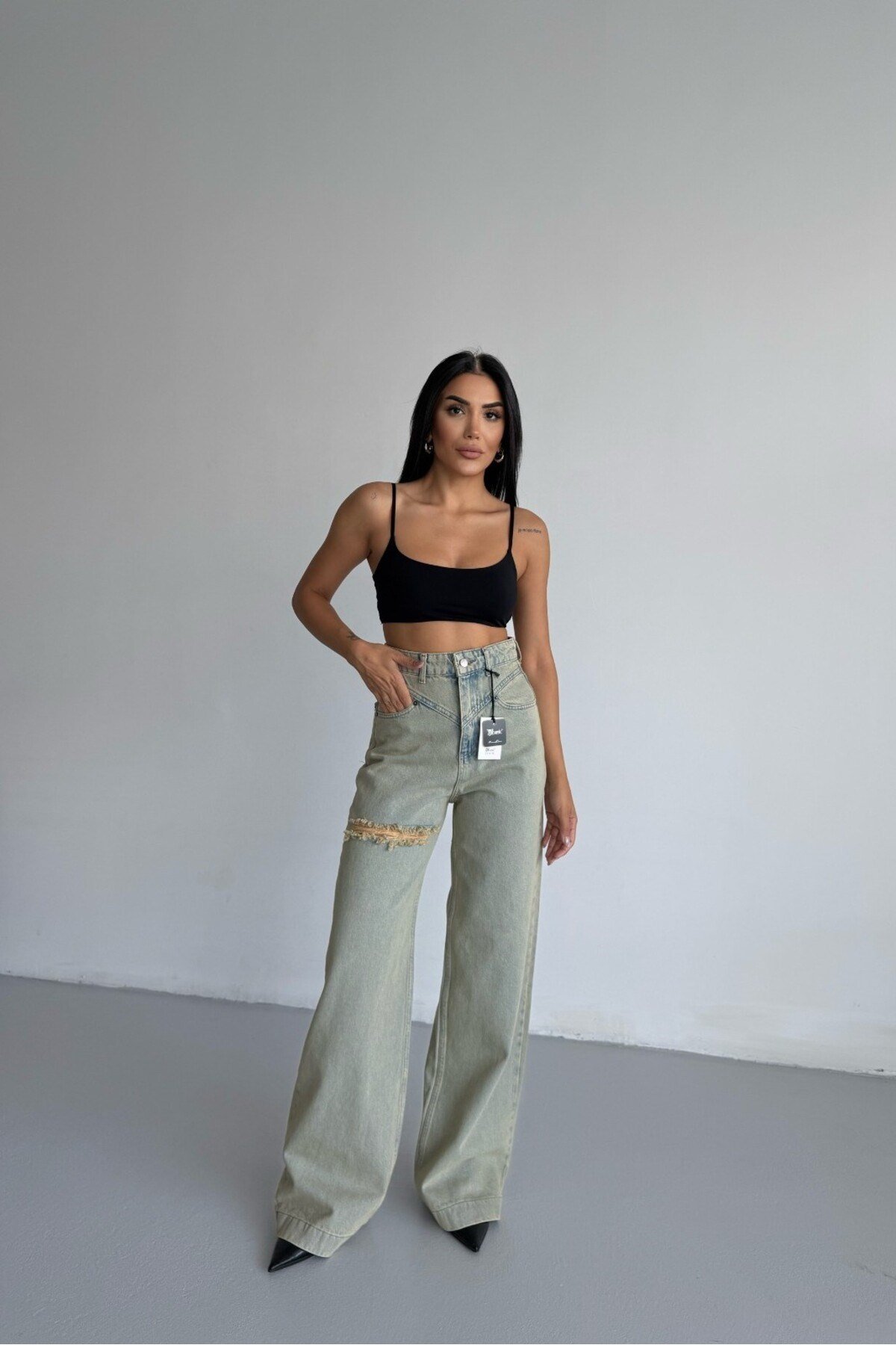 Yüksek Bel Asimetrik Kemerli Wide Leg Jean Pantolon