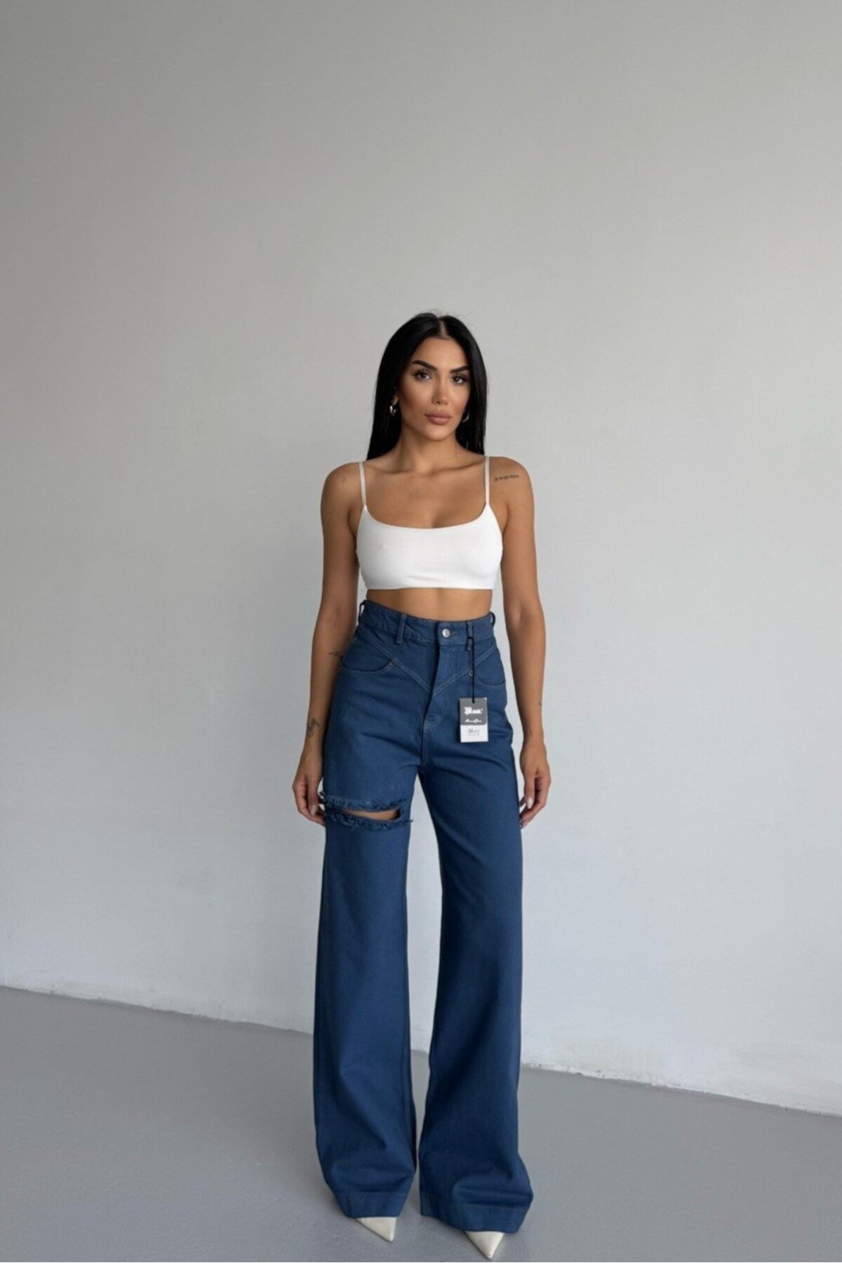 Yüksek Bel Asimetrik Kemerli Wide Leg Jean Pantolon