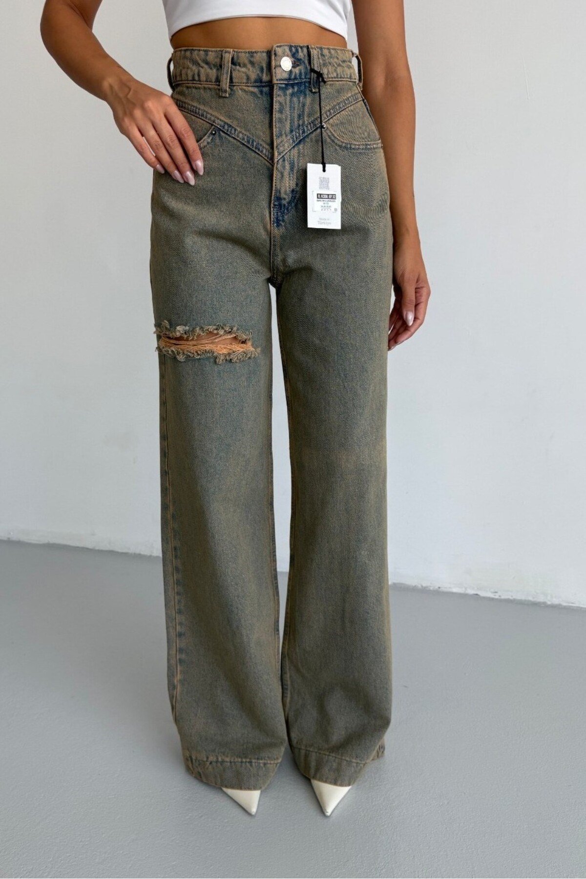 Yüksek Bel Asimetrik Kemerli Wide Leg Jean Pantolon