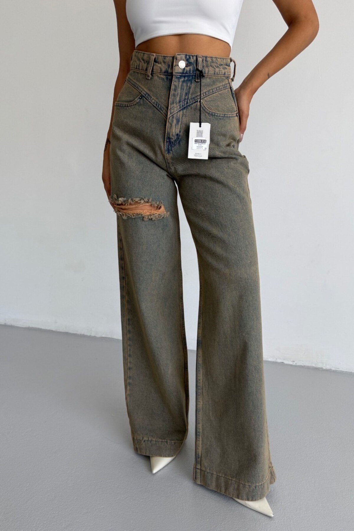 Yüksek Bel Asimetrik Kemerli Wide Leg Jean Pantolon