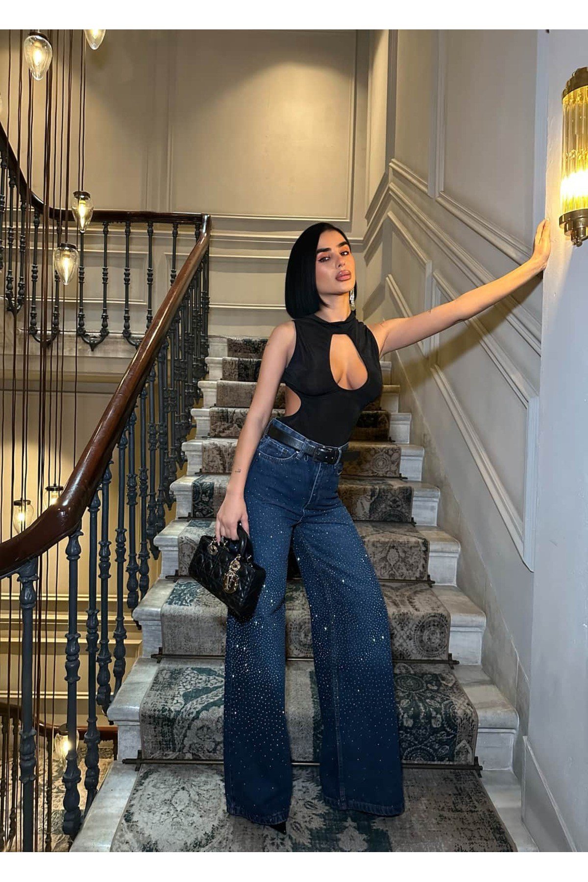 Yüksek Bel Taş Detaylı Wide Leg Jean Pantolon