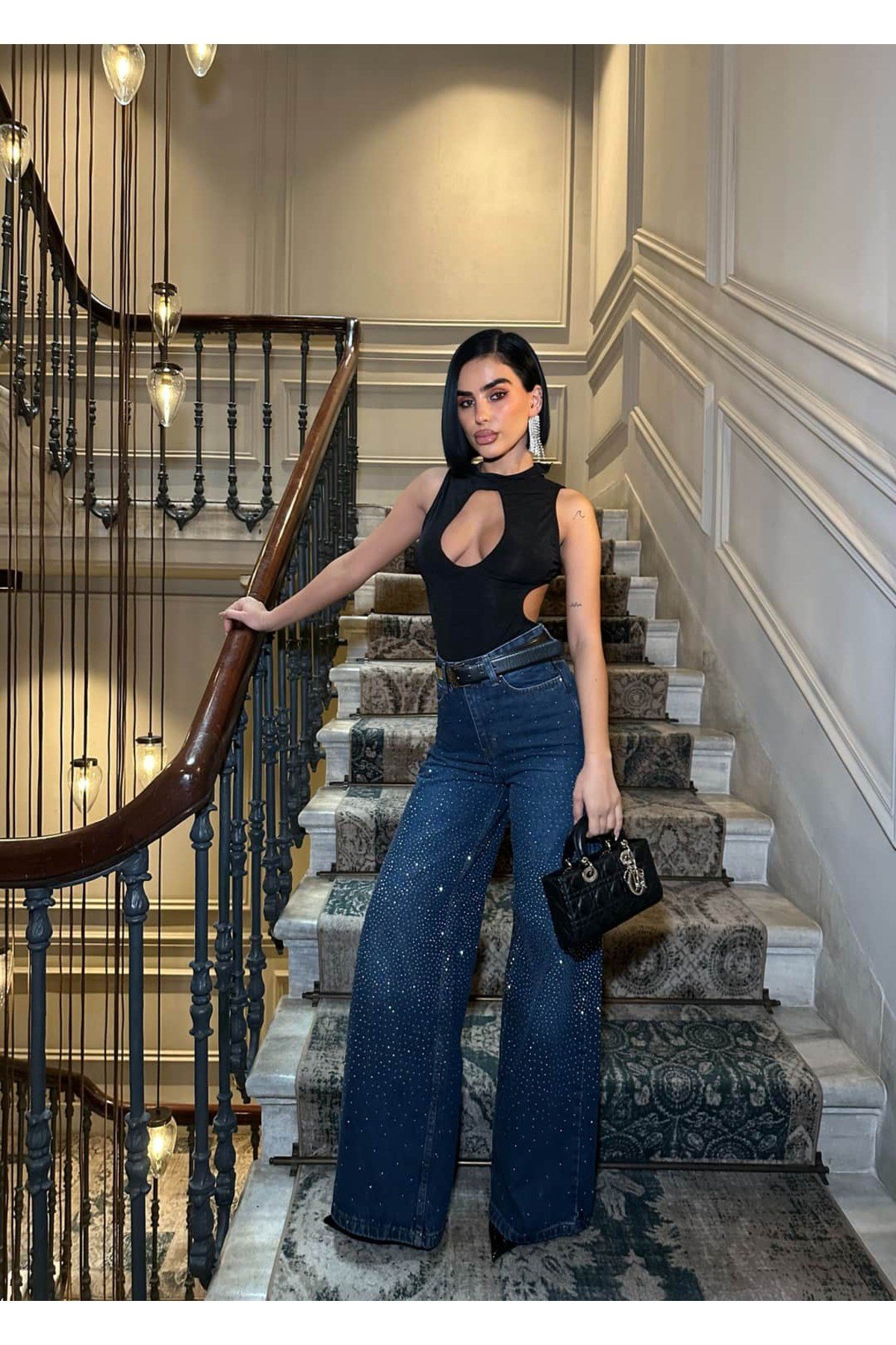 Yüksek Bel Taş Detaylı Wide Leg Jean Pantolon