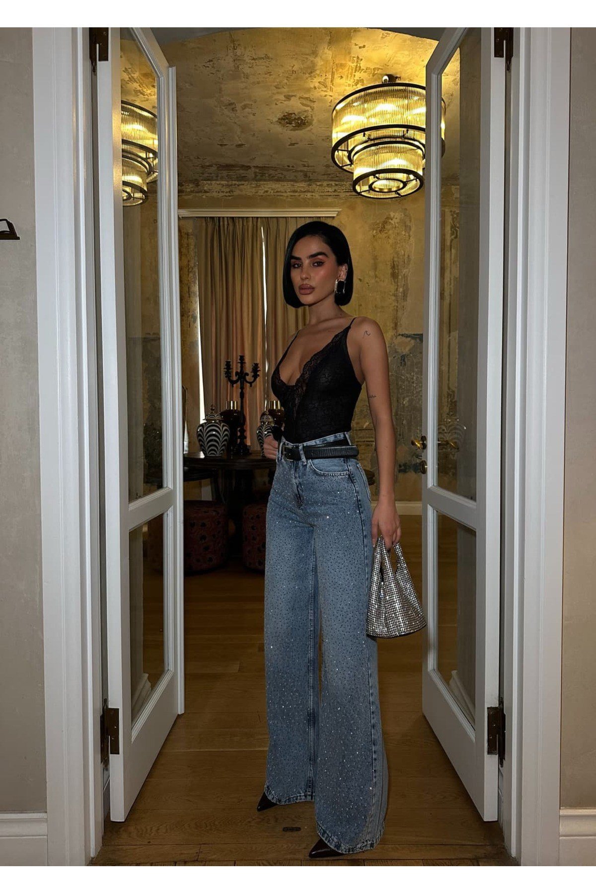 Yüksek Bel Taşlı Wide Leg Baggy Jean