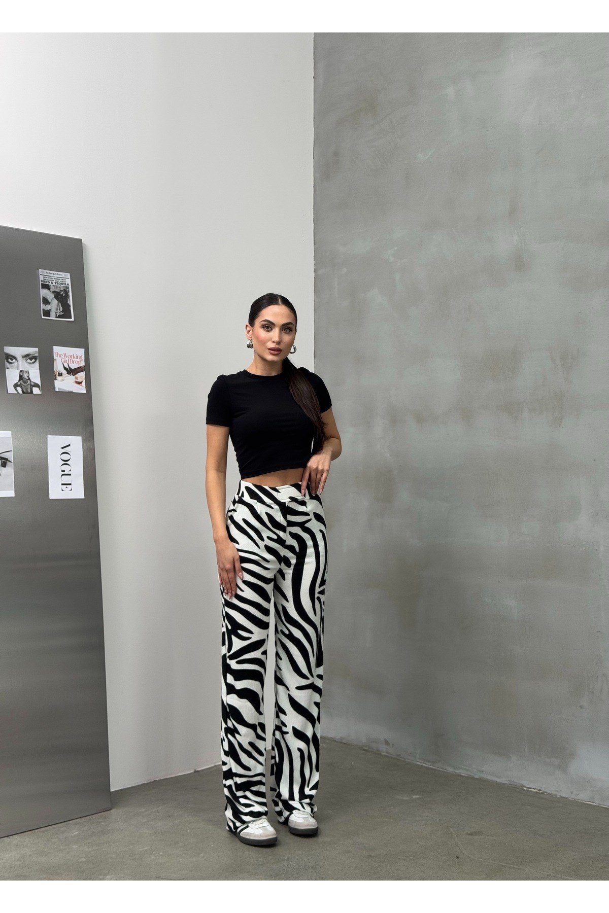 Zebra Desen Cırtlı Palazzo Yüksek Bel ayarlanabilir Bel Bol Paça pantolon