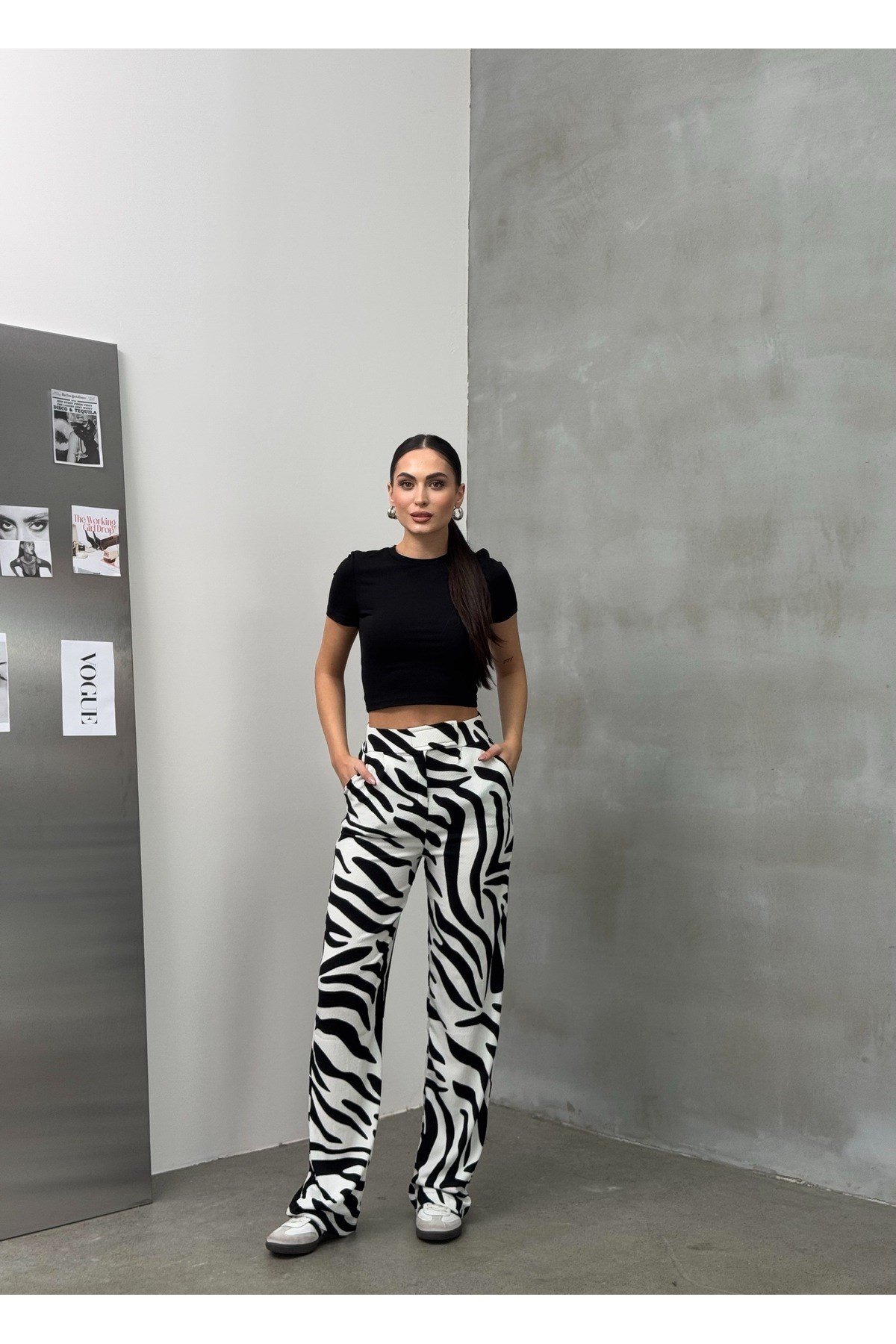Zebra Desen Cırtlı Palazzo Yüksek Bel ayarlanabilir Bel Bol Paça pantolon