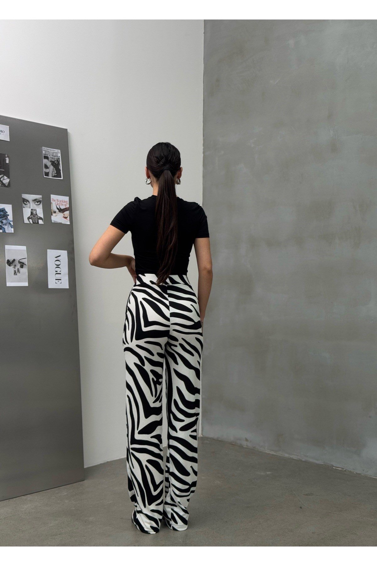 Zebra Desen Cırtlı Palazzo Yüksek Bel ayarlanabilir Bel Bol Paça pantolon