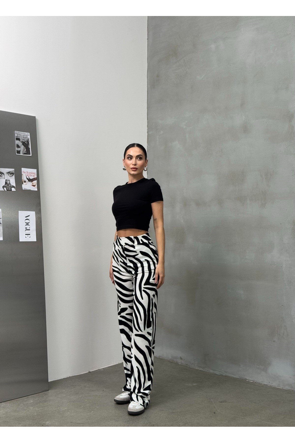 Zebra Desen Cırtlı Palazzo Yüksek Bel ayarlanabilir Bel Bol Paça pantolon