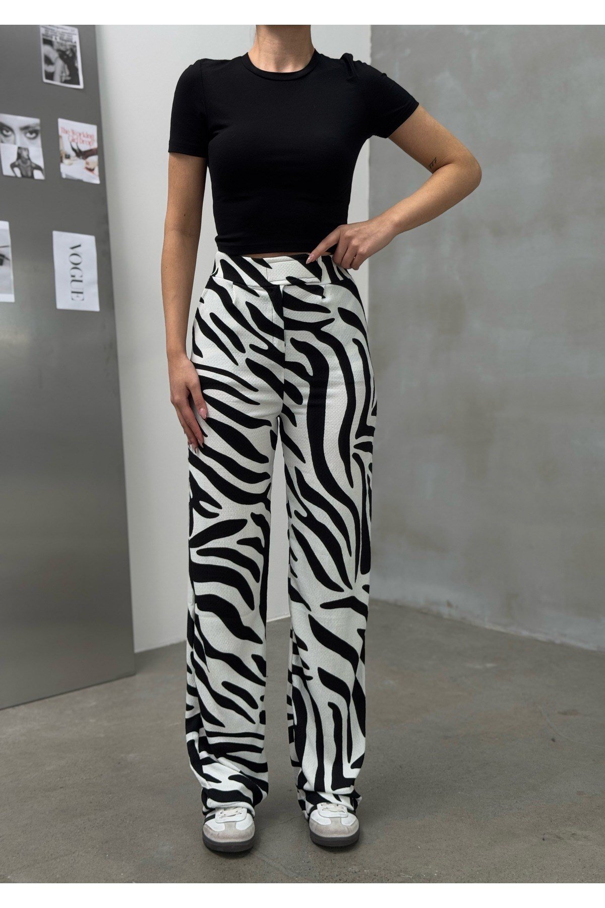 Zebra Desen Cırtlı Palazzo Yüksek Bel ayarlanabilir Bel Bol Paça pantolon