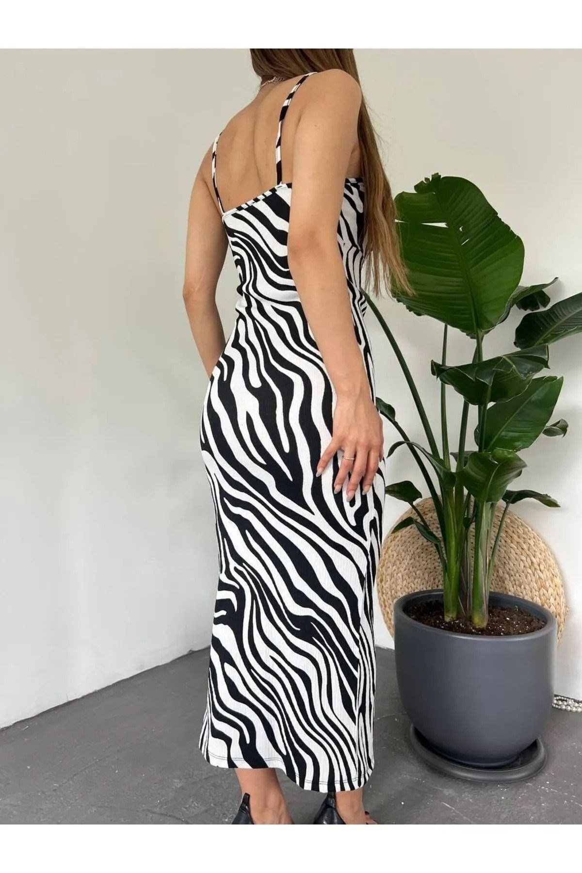 Zebra Desenli Askılı Derin Yırtmaçlı Bürümcük Yazlık Elbise