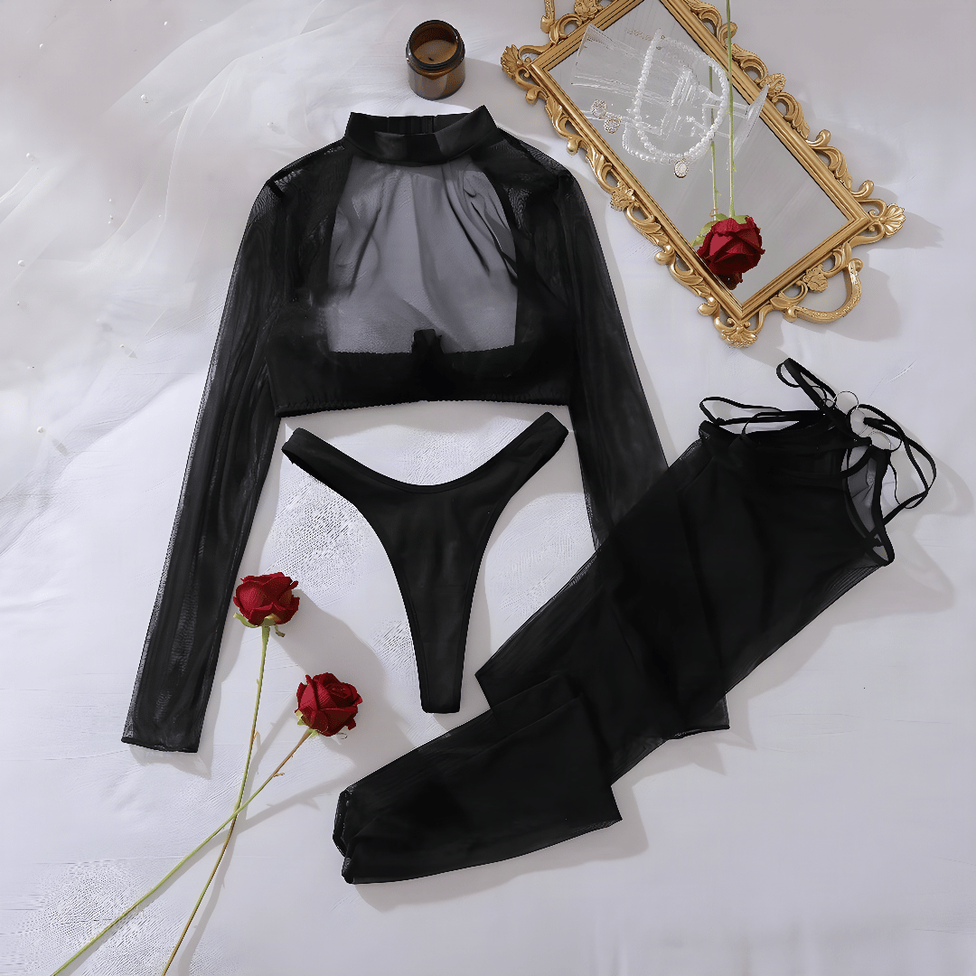 Black Sheer - Dik Yaka Uzun Kollu Tül Crop & Çoraplı Fantezi Set