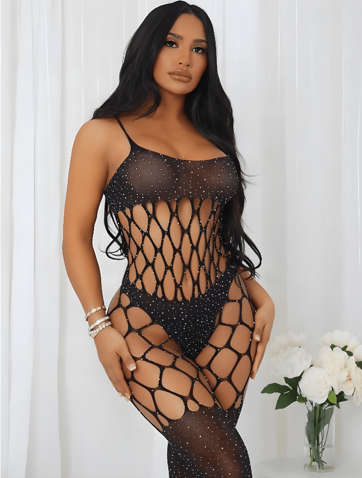 Diamond Net - Taşlı Geniş File Kesik Detaylı Vücut Çorabı