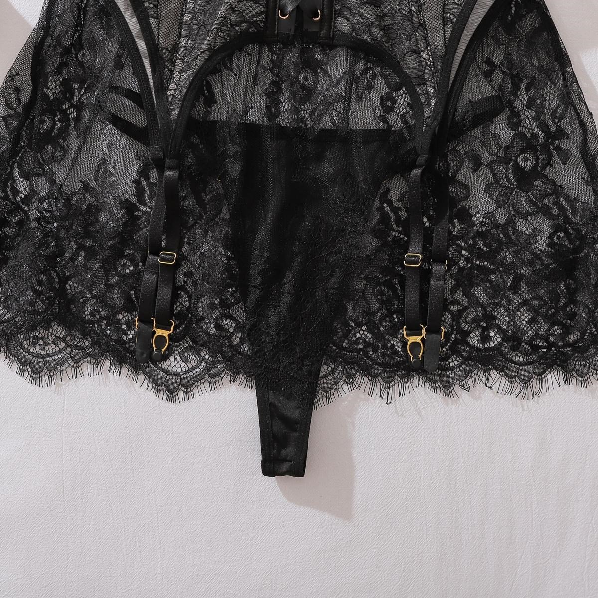 Lace Elegance - Ten Astar Üzeri Siyah Dantel Fantezi Korse Takım