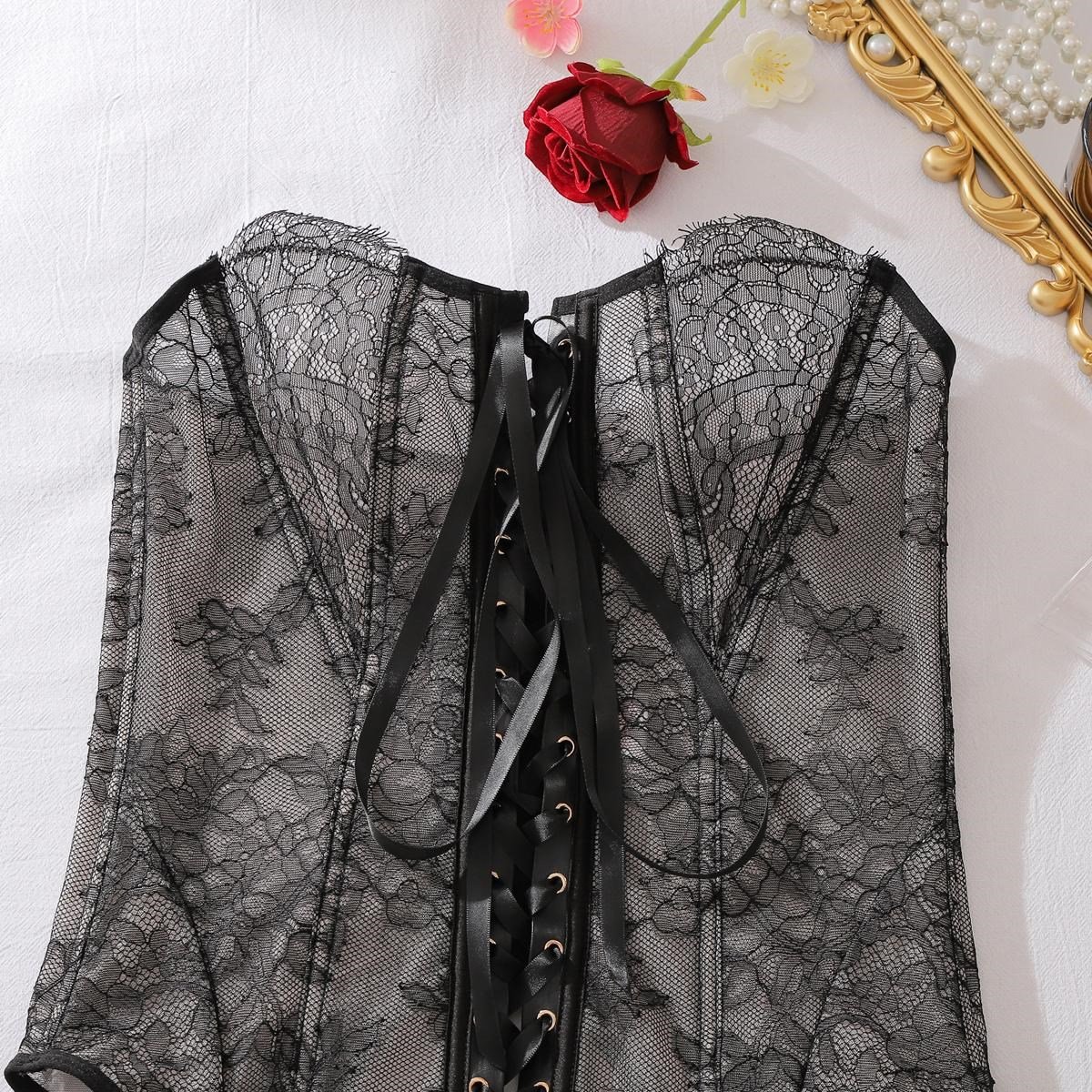 Lace Elegance - Ten Astar Üzeri Siyah Dantel Fantezi Korse Takım