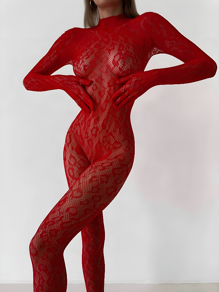 Red Velvet Catsuit - Desenli Kırmızı Dantel Fantezi Vücut Çorabı