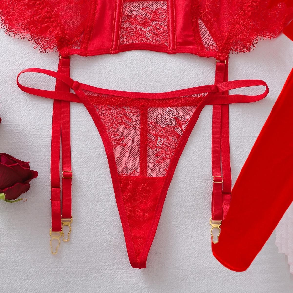 Scarlet Lace - Balenli Kirpik Dantel Bustiyer Jartiyer Seti
