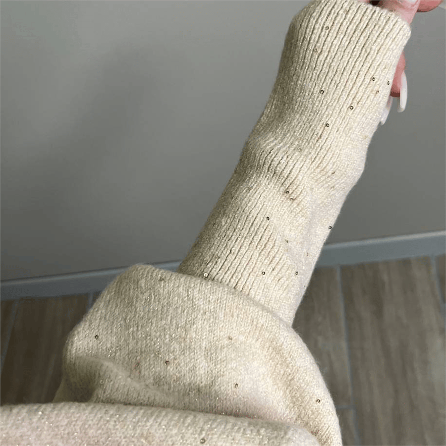 Payetli Kayık Yaka Kazak Sarı Krem