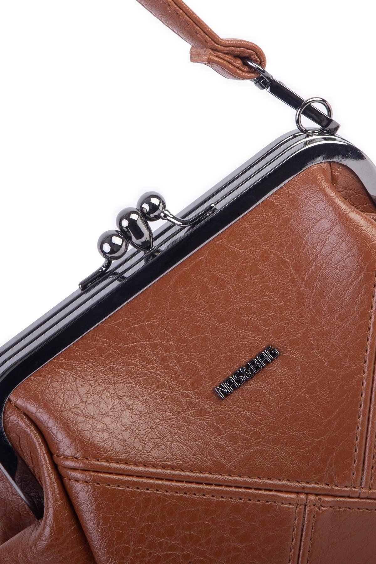 Nas Bag Mini Vintage Burslu Klipsli Kadın Omuz ve Çapraz Çanta Taba Victoria ( 20x17 cm)