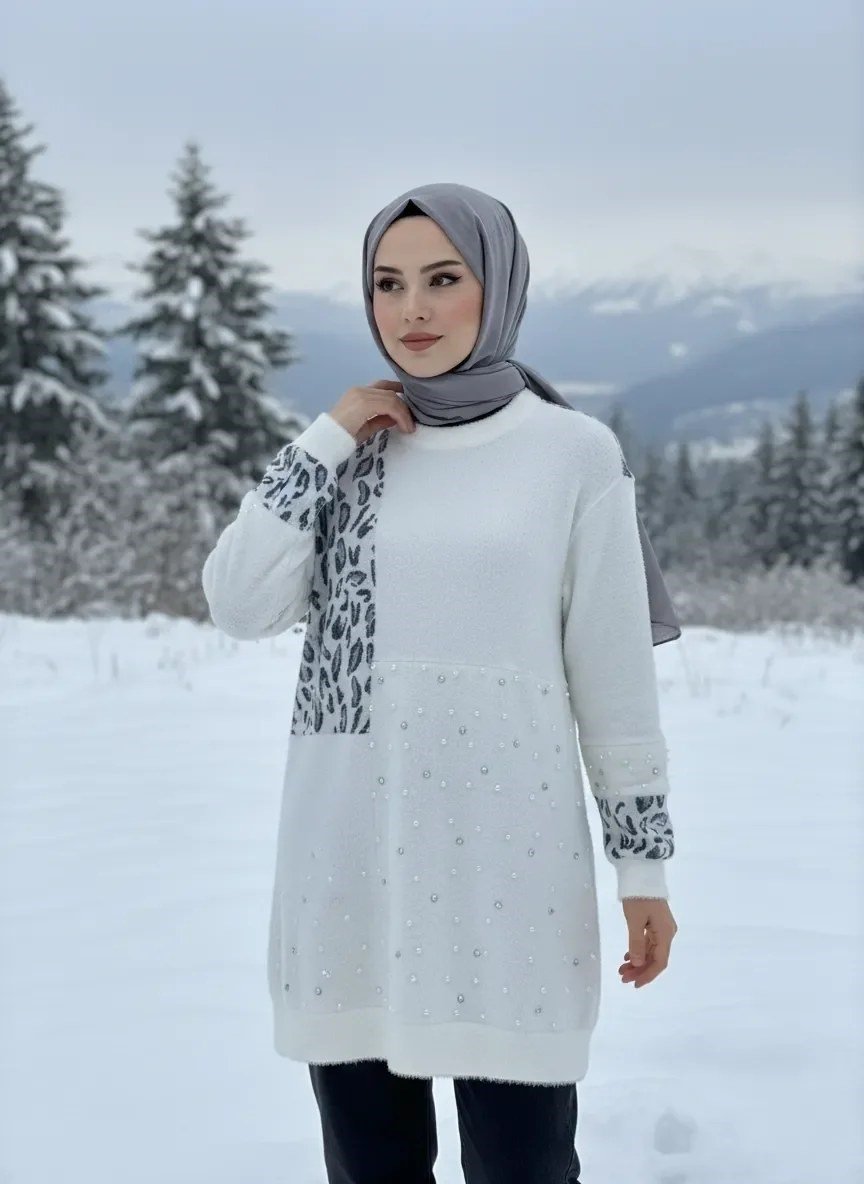 SOLİS İncili Taşlı Leopar Angora Tunik