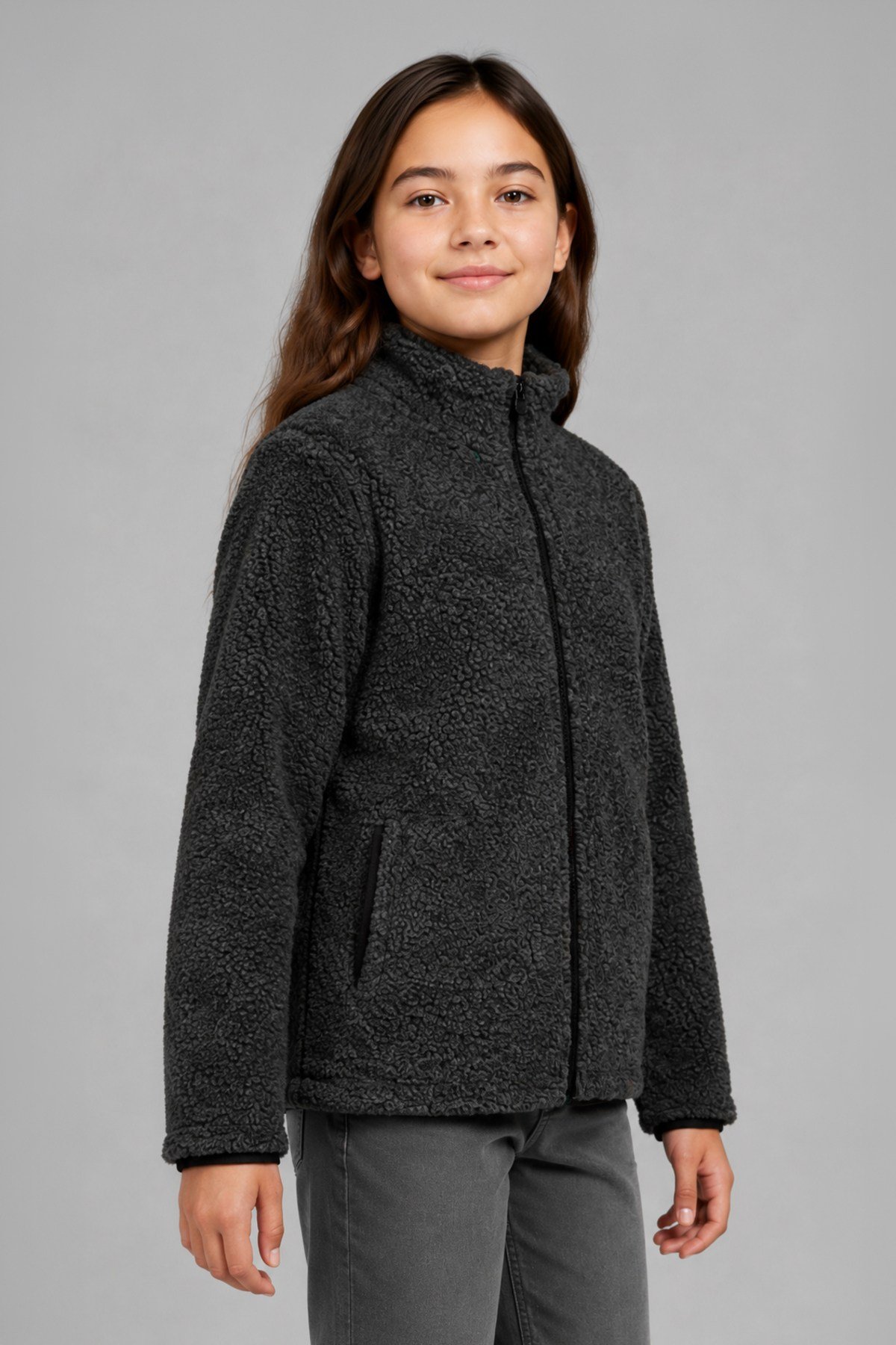 Çocuk Antrasit Düz Peluş Ceket – Dik Yaka, Fermuarlı, Cepsiz, Oversize