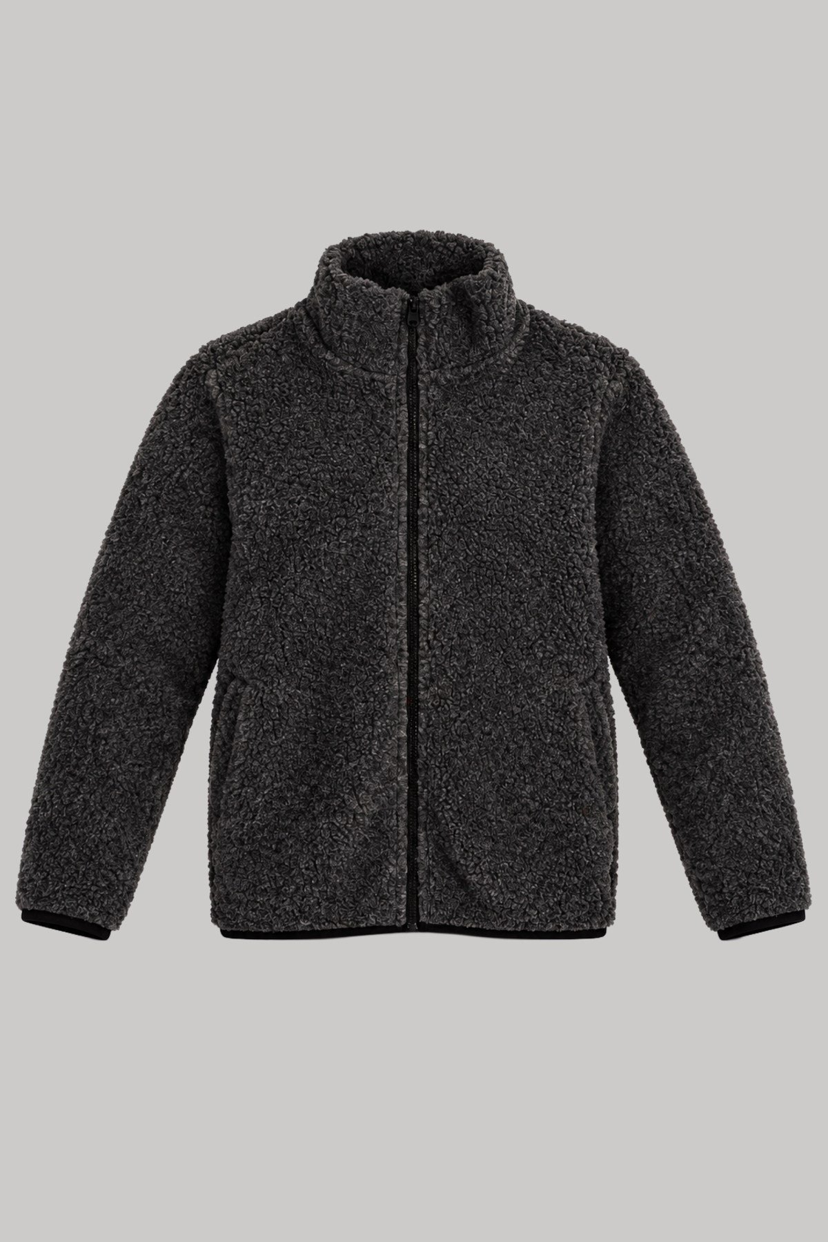 Çocuk Antrasit Düz Peluş Ceket – Dik Yaka, Fermuarlı, Cepsiz, Oversize