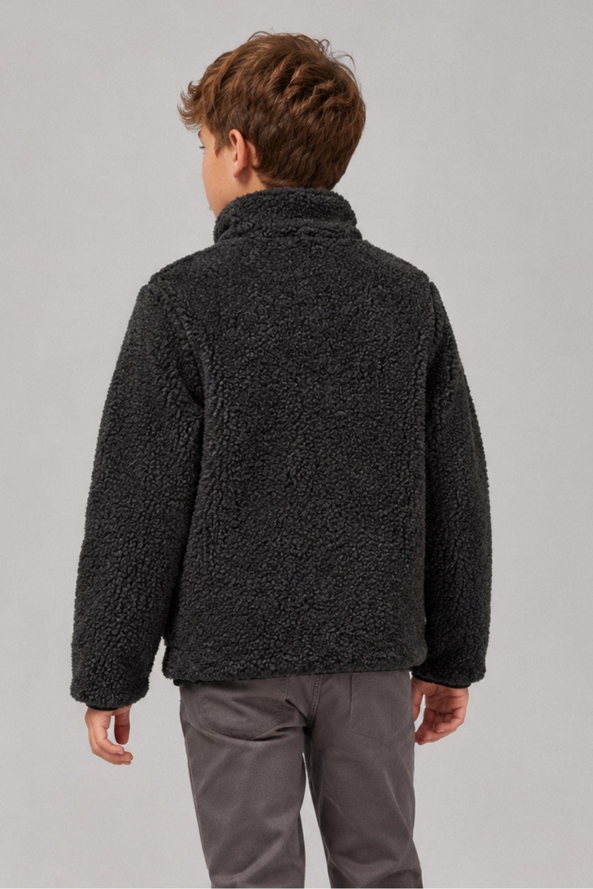 Çocuk Antrasit Düz Peluş Ceket – Dik Yaka, Fermuarlı, Cepsiz, Oversize