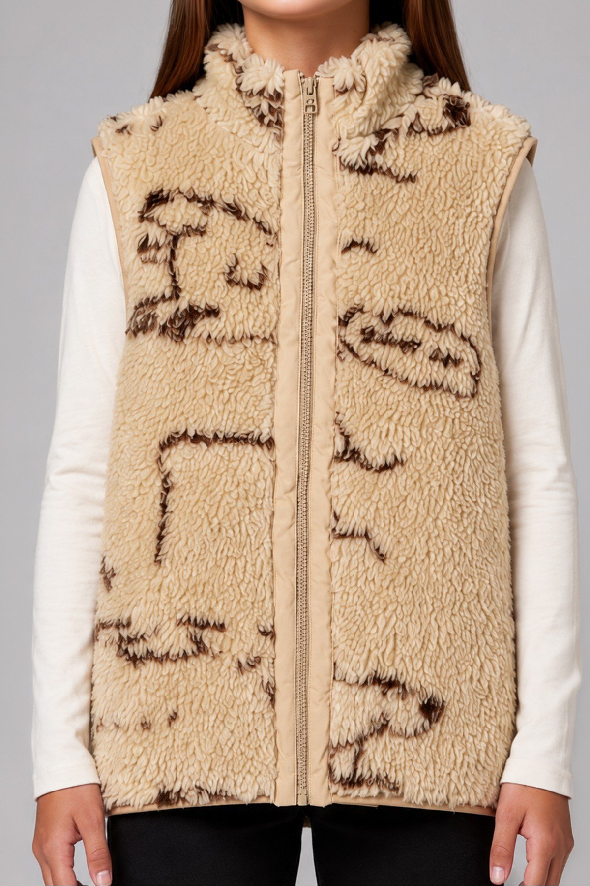 Çocuk Bej Kahverengi Soyut Desenli Peluş Yelek – Dik Yaka, Fermuarlı, Cepsiz, Oversize