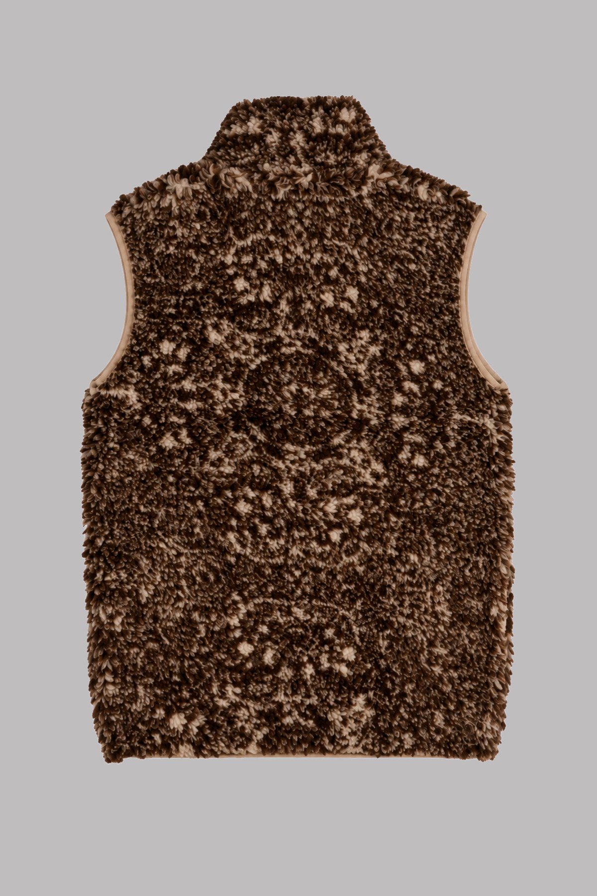 Çocuk Kahverengi Bej Melanj Desenli Peluş Yelek – Dik Yaka, Fermuarlı, Cepsiz, Oversize