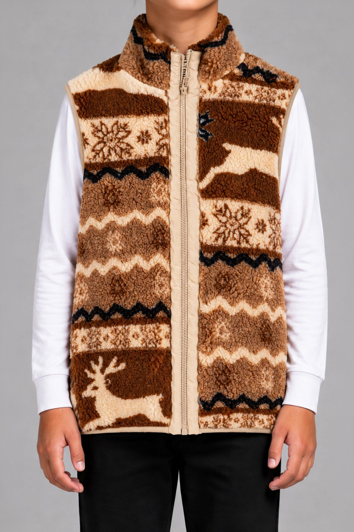 Çocuk Kahverengi Rengeyiği Desenli Peluş Yelek – Dik Yaka, Fermuarlı, Cepsiz, Oversize