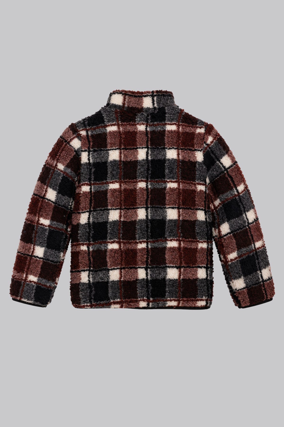 Çocuk Kahverengi Siyah Ekose Desenli Peluş Ceket – Dik Yaka, Fermuarlı, Cepsiz, Oversize