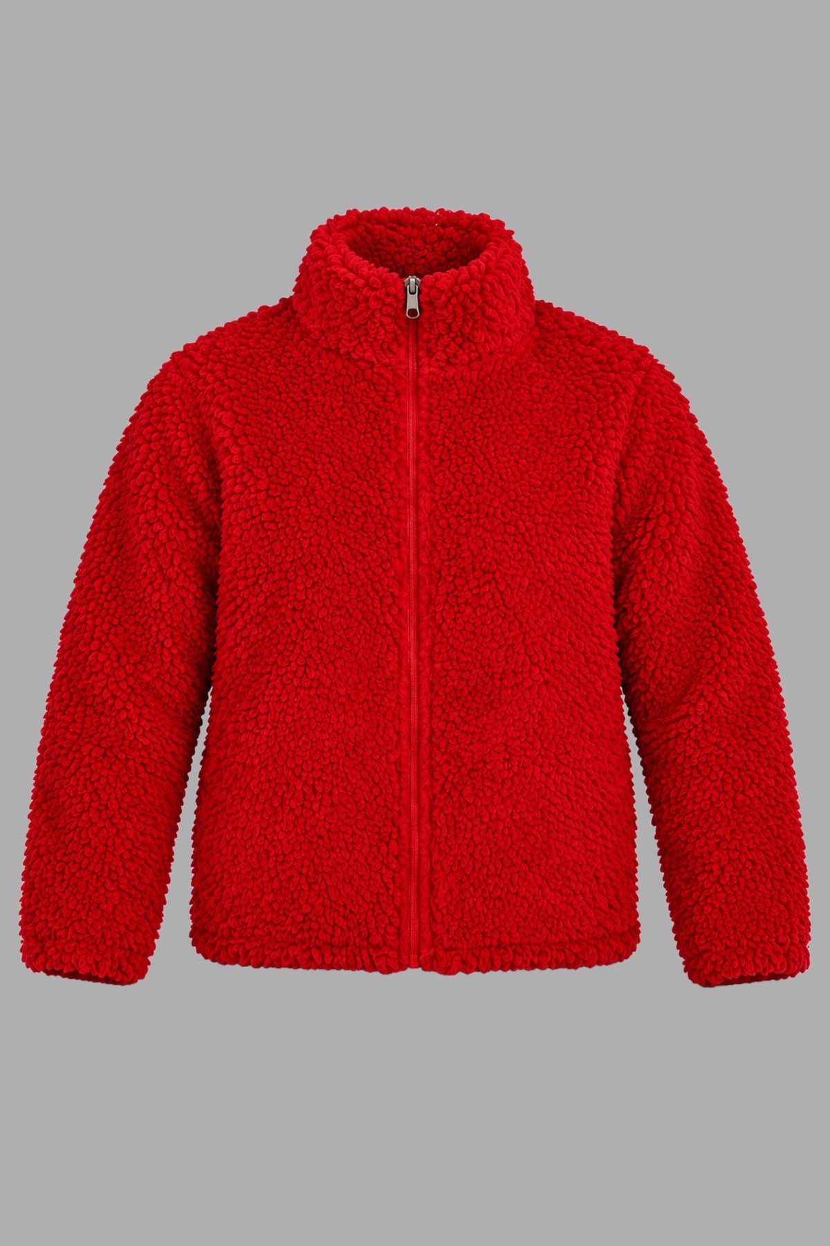 Çocuk Kırmızı Düz Renk Peluş Ceket – Dik Yaka, Fermuarlı, Cepli, Oversize