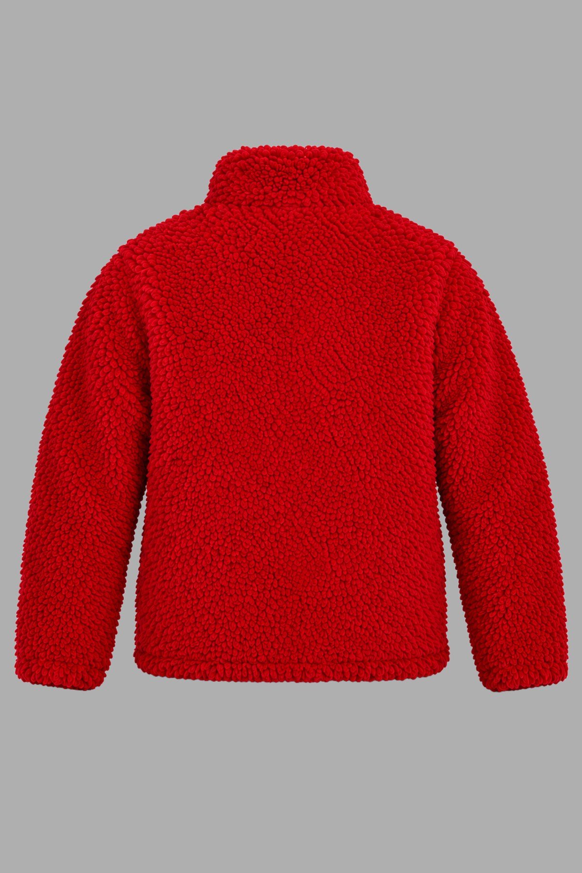 Çocuk Kırmızı Düz Renk Peluş Ceket – Dik Yaka, Fermuarlı, Cepli, Oversize