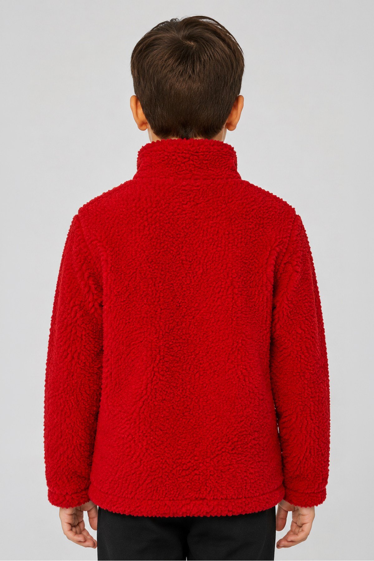 Çocuk Kırmızı Düz Renk Peluş Ceket – Dik Yaka, Fermuarlı, Cepli, Oversize