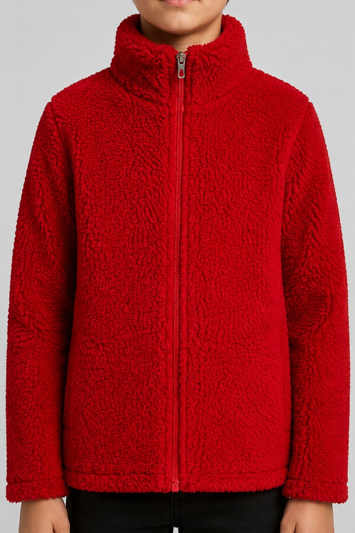 Çocuk Kırmızı Düz Renk Peluş Ceket – Dik Yaka, Fermuarlı, Cepli, Oversize