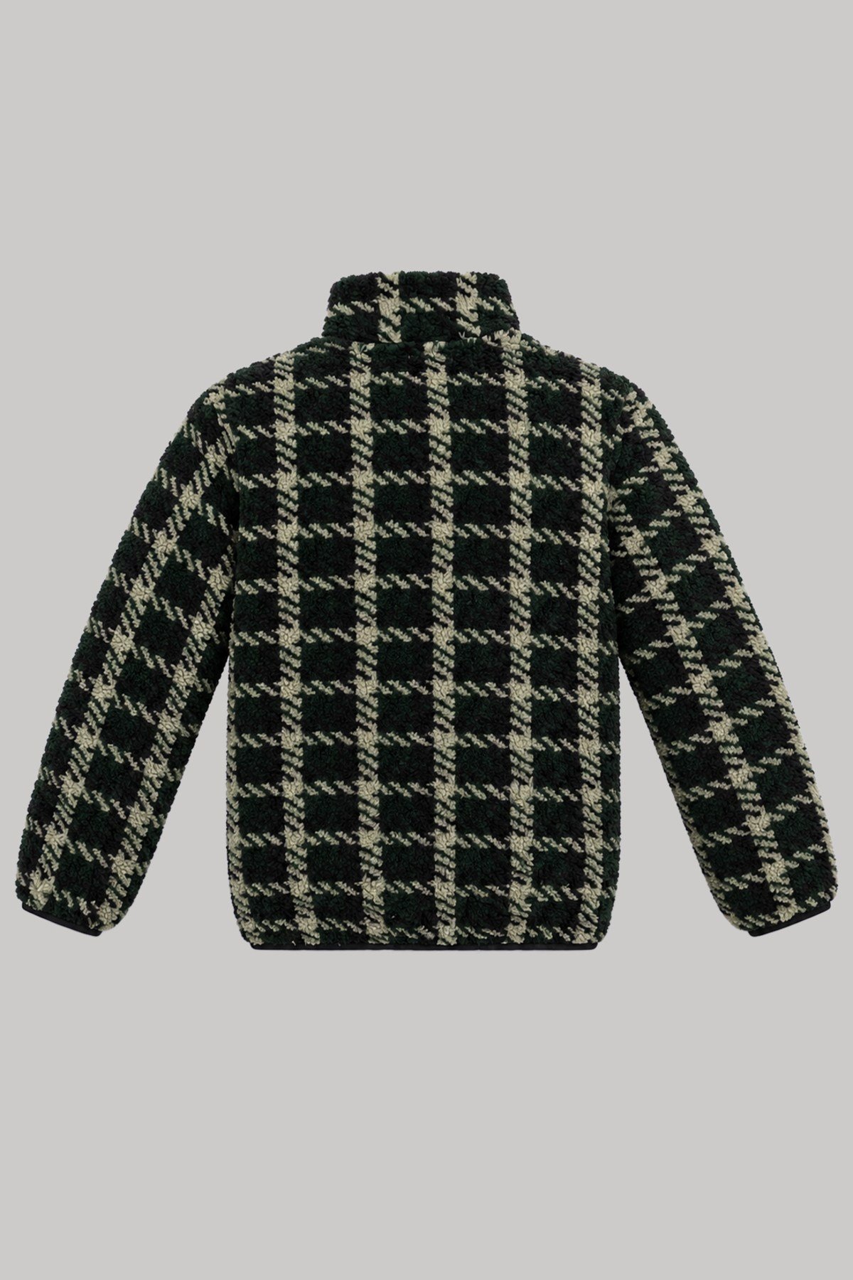 Çocuk Koyu Yeşil Siyah Ekose Desenli Peluş Ceket – Dik Yaka, Fermuarlı, Cepsiz, Oversize