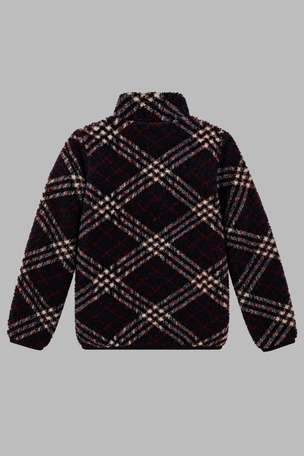 Çocuk Lacivert Bordo Ekose Desenli Peluş Ceket – Dik Yaka, Fermuarlı, Cepsiz, Oversize
