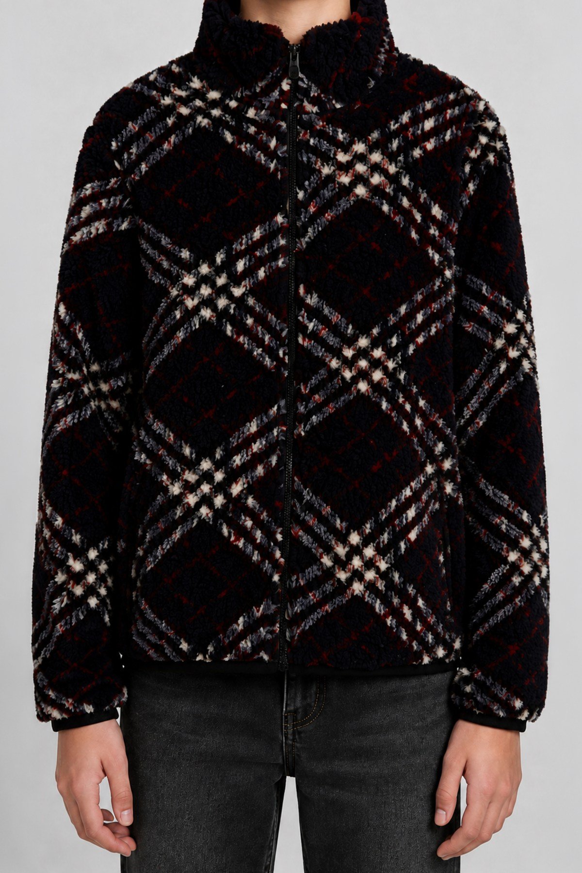 Çocuk Lacivert Bordo Ekose Desenli Peluş Ceket – Dik Yaka, Fermuarlı, Cepsiz, Oversize