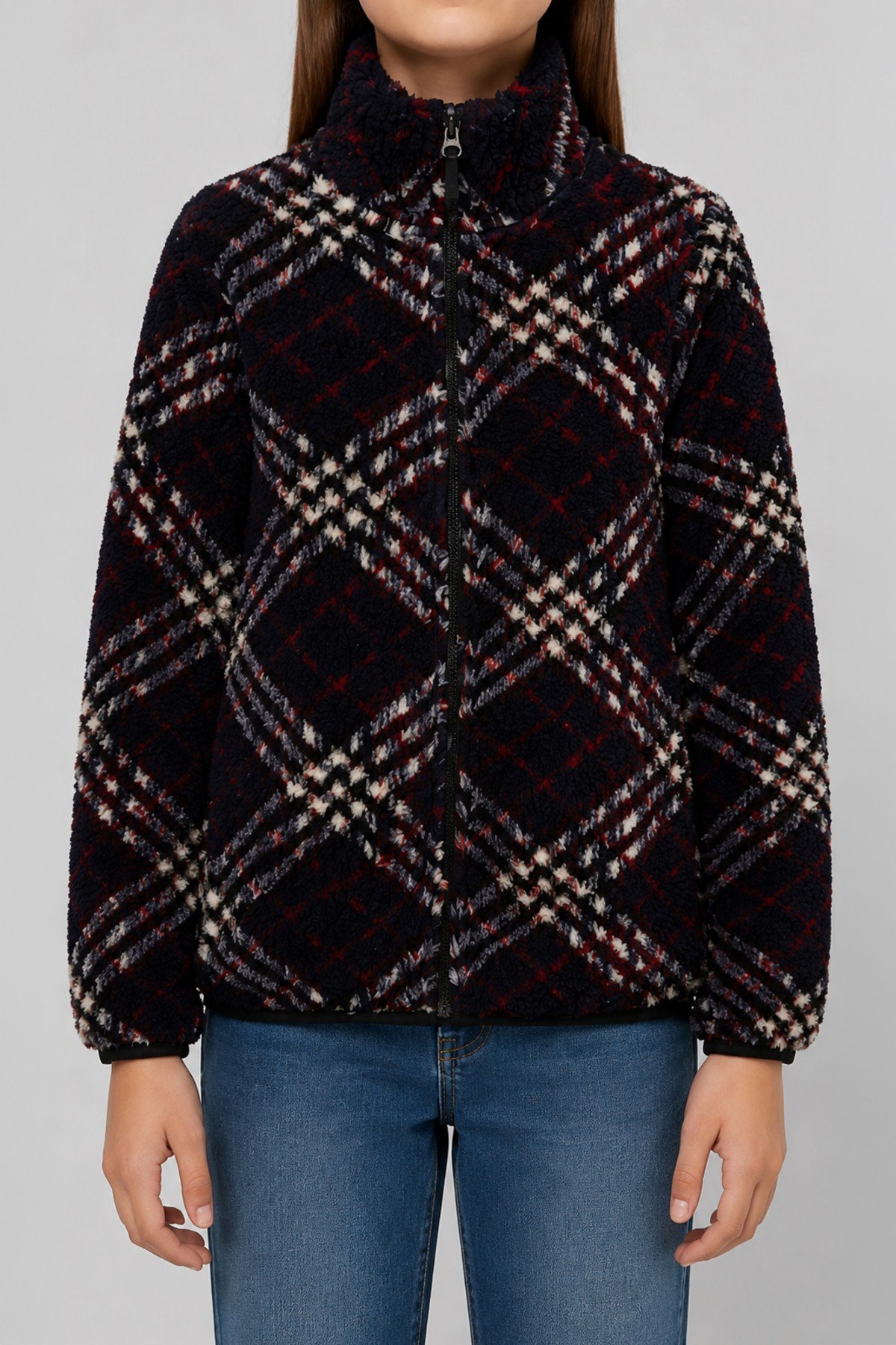 Çocuk Lacivert Bordo Ekose Desenli Peluş Ceket – Dik Yaka, Fermuarlı, Cepsiz, Oversize