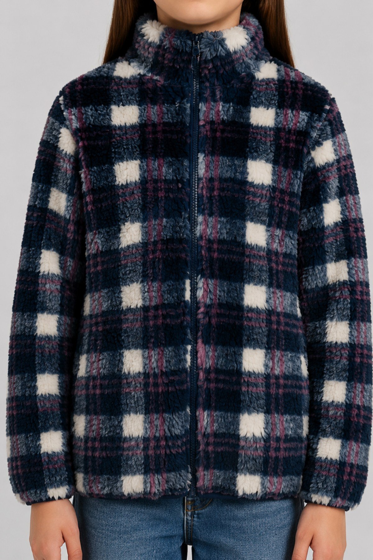 Çocuk Lacivert Gri Bordo Ekose Desenli Peluş Ceket – Dik Yaka, Fermuarlı, Cepli, Oversize