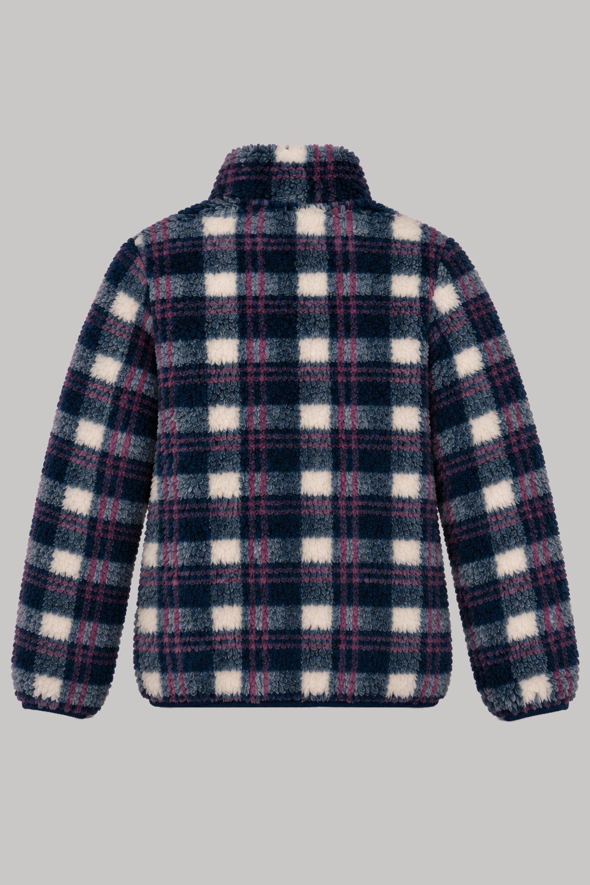 Çocuk Lacivert Gri Bordo Ekose Desenli Peluş Ceket – Dik Yaka, Fermuarlı, Cepli, Oversize