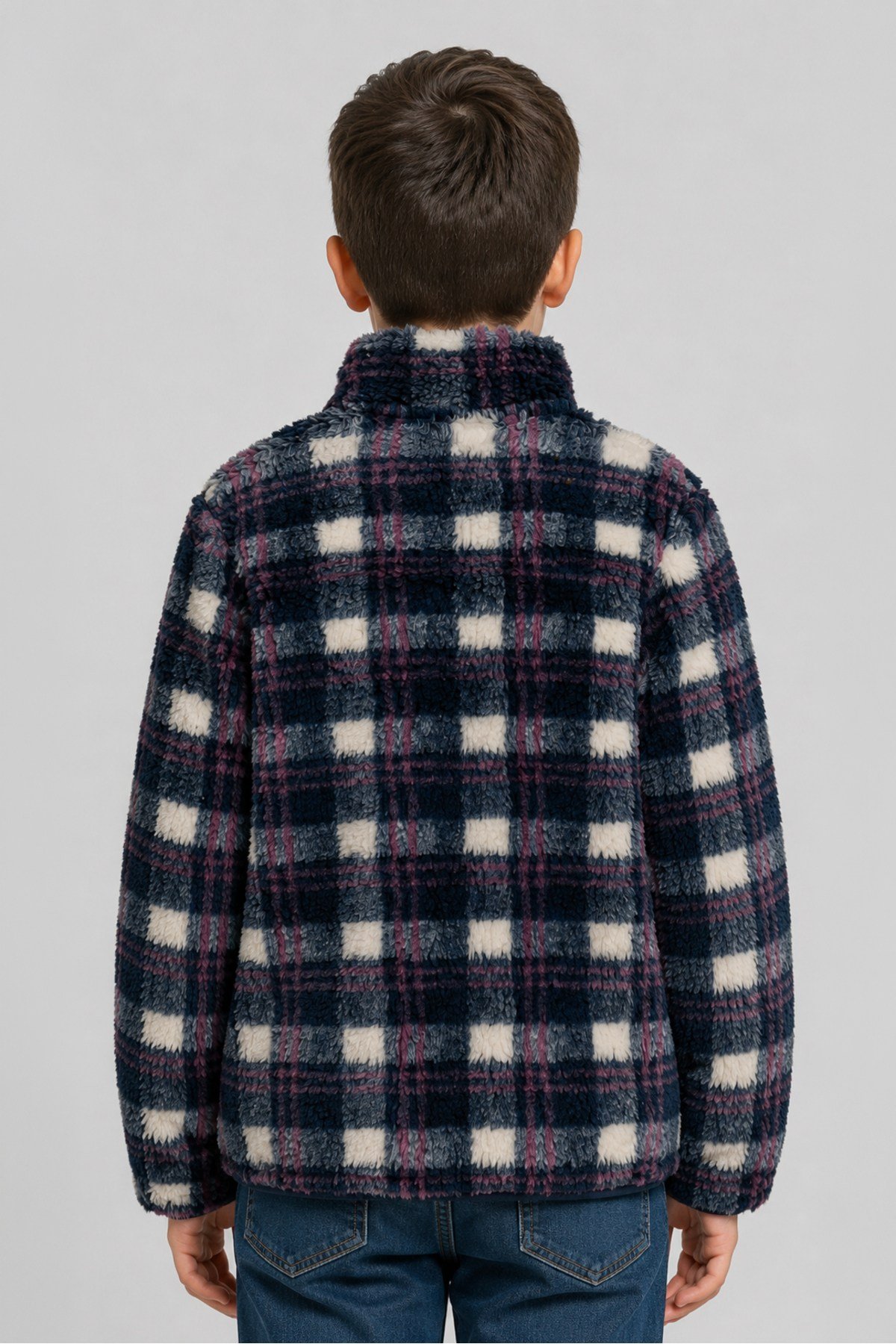 Çocuk Lacivert Gri Bordo Ekose Desenli Peluş Ceket – Dik Yaka, Fermuarlı, Cepli, Oversize