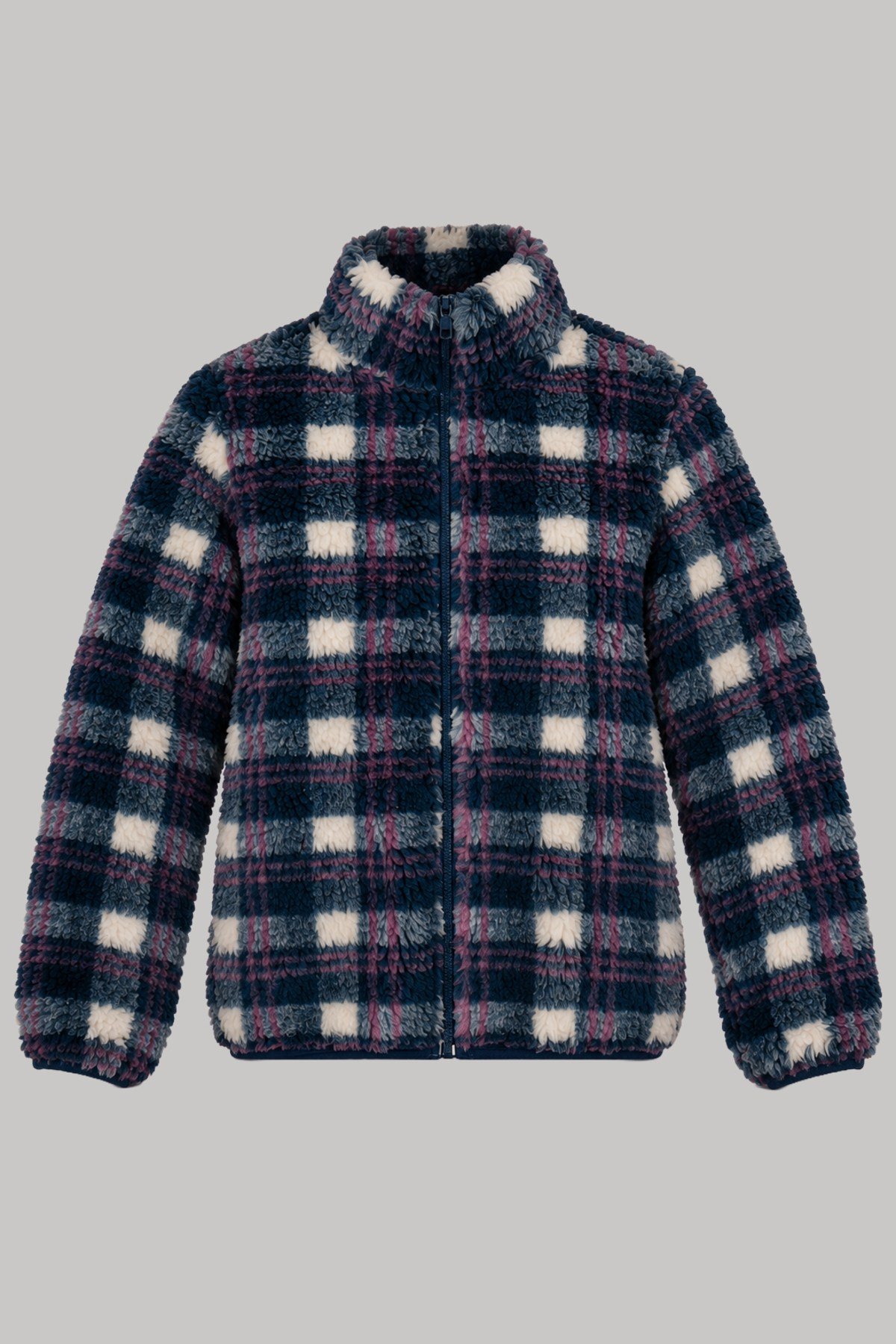 Çocuk Lacivert Gri Bordo Ekose Desenli Peluş Ceket – Dik Yaka, Fermuarlı, Cepli, Oversize